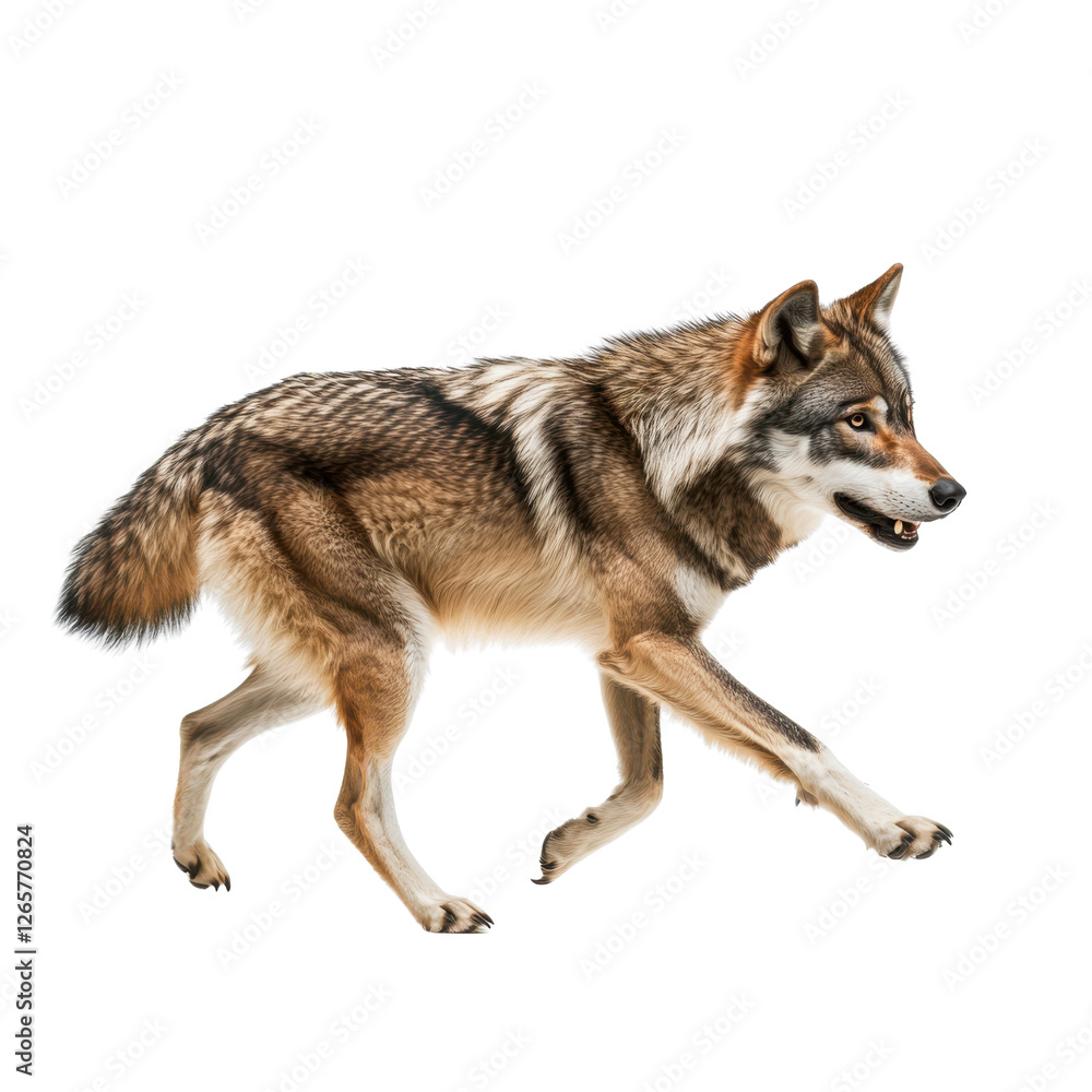 Fototapeta premium Brown wolf in midstride muscular fur texture dynamic profile