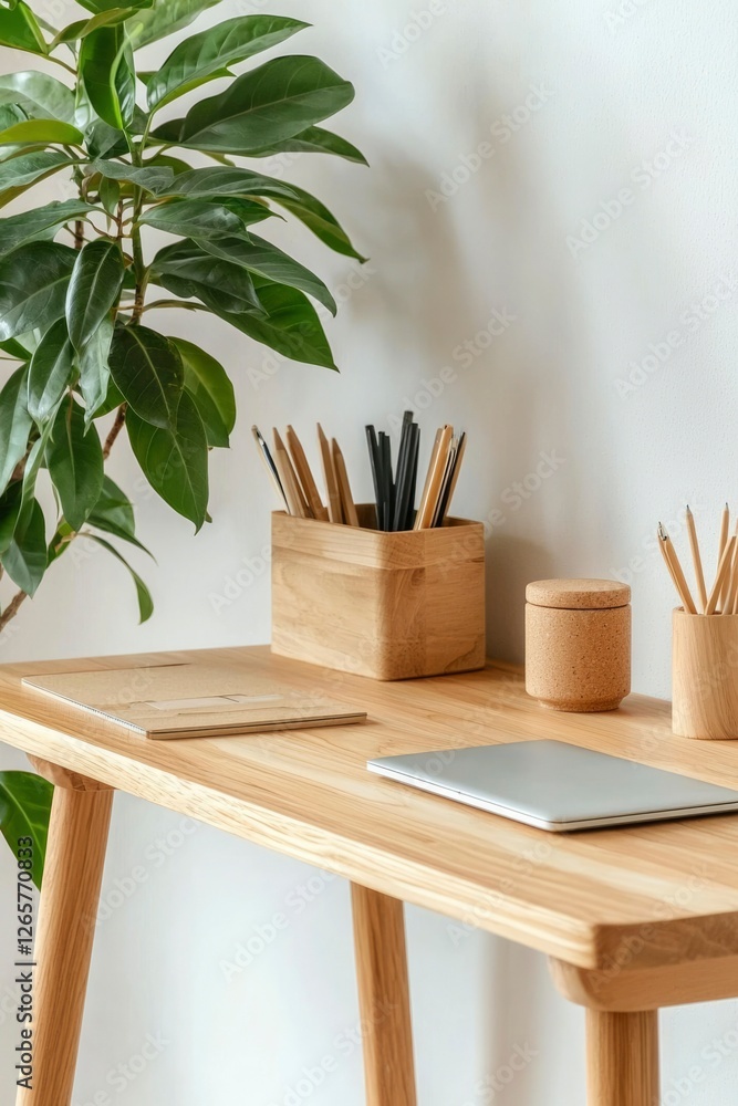 Obraz premium Wooden desk with laptop and plant. Minimalist workspace for study or remote work