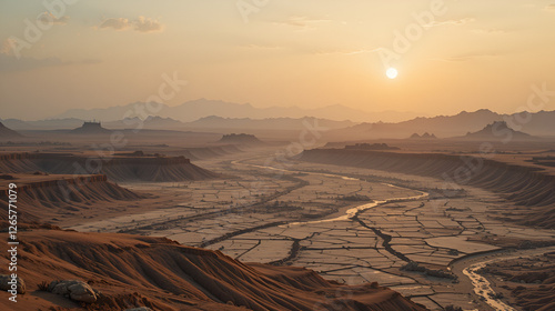 Vast cracked wastelands extend beneath an orange-tinted sky, revealing dried-up riverbeds. Scattered remnants of human settlements are overtaken by the relentless encroaching desert photo