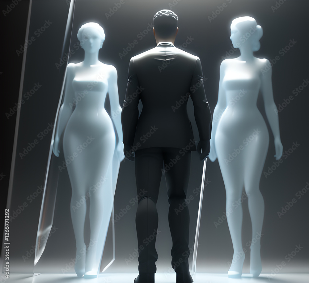 Abstract surrealistic - illustration of glass statue several people standing in pose. Concept project. mindfulness and meditation. Futuristic. cyberpunk. innovation different types of poses. generativ Abstract surrealistic - illustration of glass statue several people standing in pose. Concept project. mindfulness and meditation. Futuristic. cyberpunk. innovation different types of poses. generativ