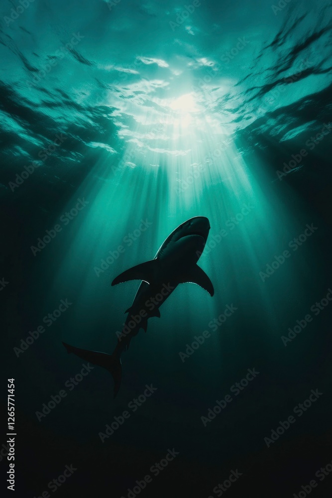 Obraz premium Shark swimming up towards sunbeams in the blue ocean for conservation needs