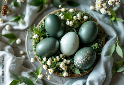 One-colored dark green vibrant eggs for elegant decor on the table, accented with delicate details
