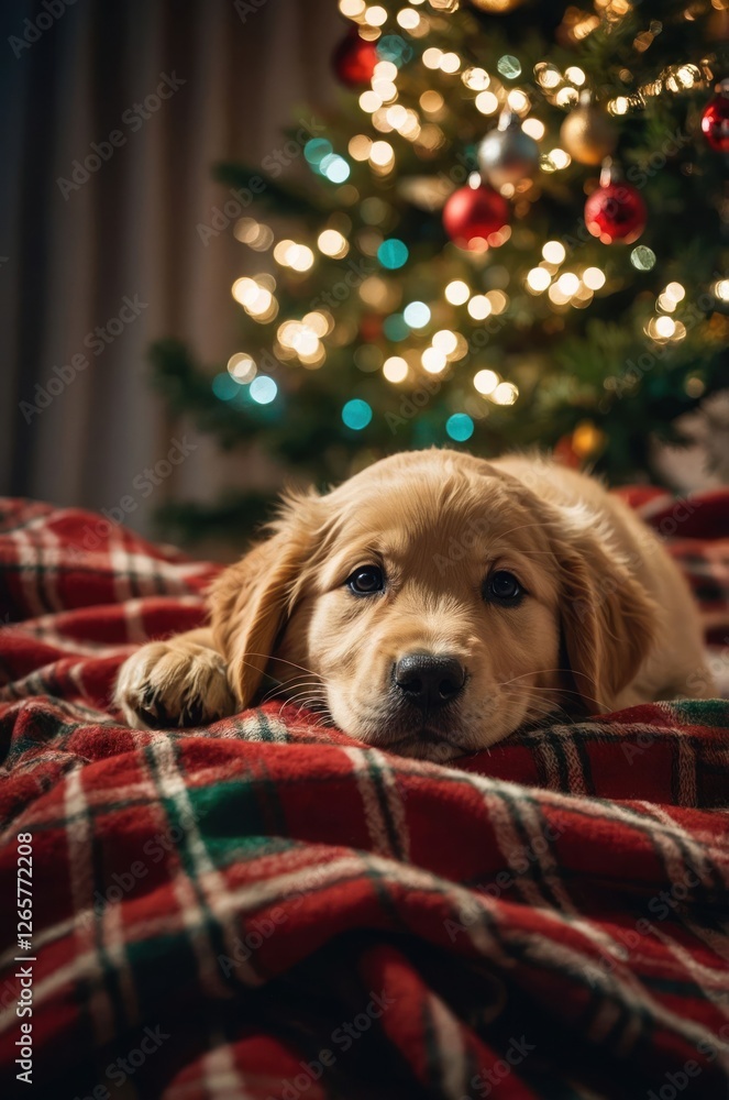 A puppy resting on a cozy blanket in front of a beautifully decorated Christmas tree. A puppy resting on a cozy blanket in front of a beautifully decorated Christmas tree.