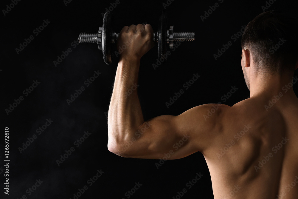 Man training with barbell on black background, back view Man training with barbell on black background, back view