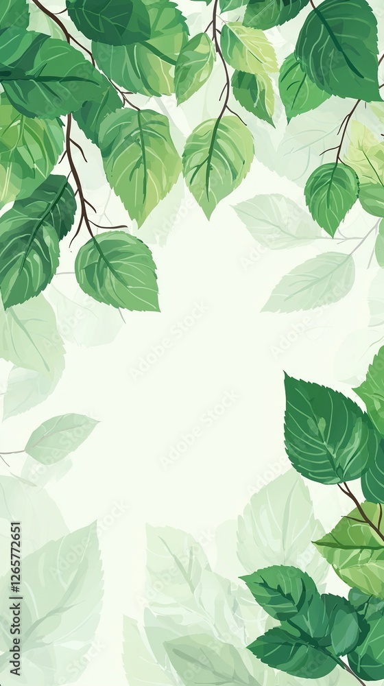 Fresh green leaves create a vibrant border against a soft, light background, perfect for nature-themed designs Fresh green leaves create a vibrant border against a soft, light background, perfect for nature-themed designs