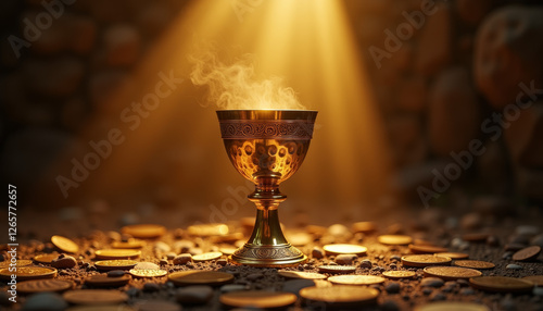 Golden holy grail emitting mysterious glow surrounded by coins, treasure quest