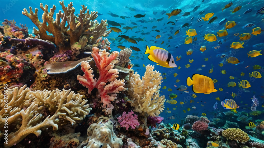 Fototapeta premium A vivid underwater scene features a rich coral reef bustling with an array of colorful fish.