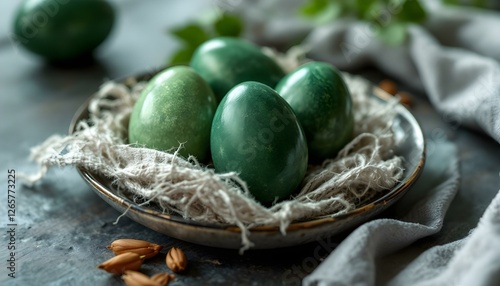 Easter eggs elegance. Shiny, one-colored green vibrant eggs in an elegant basket, placed on the table