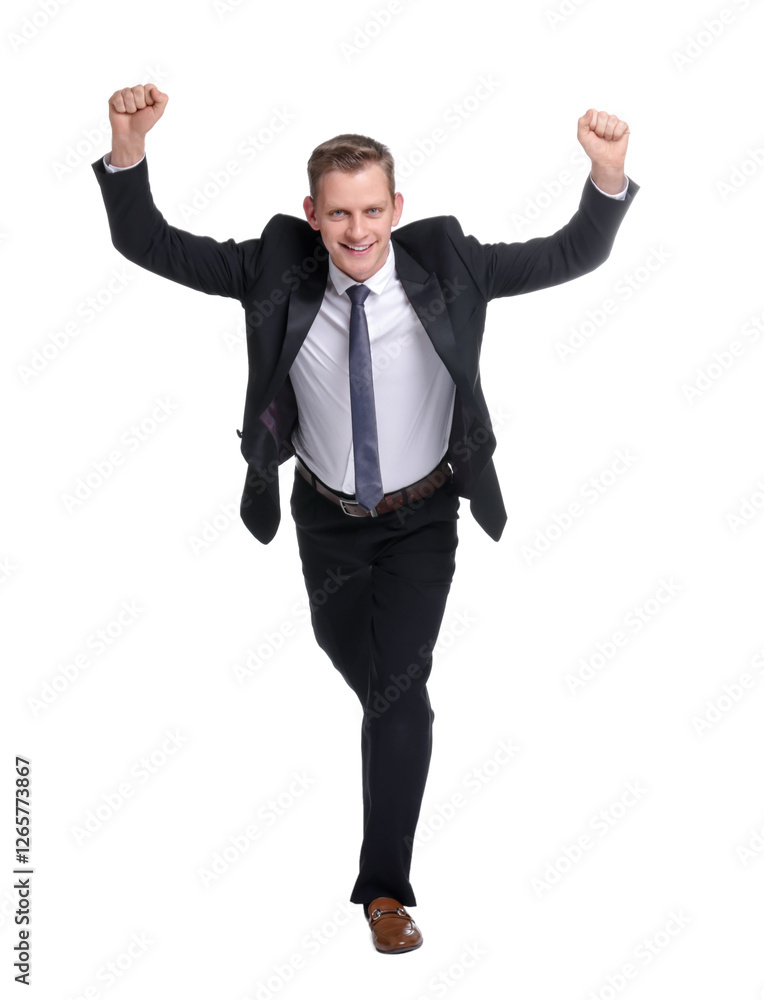 Business competition. Happy man running on white background Business competition. Happy man running on white background