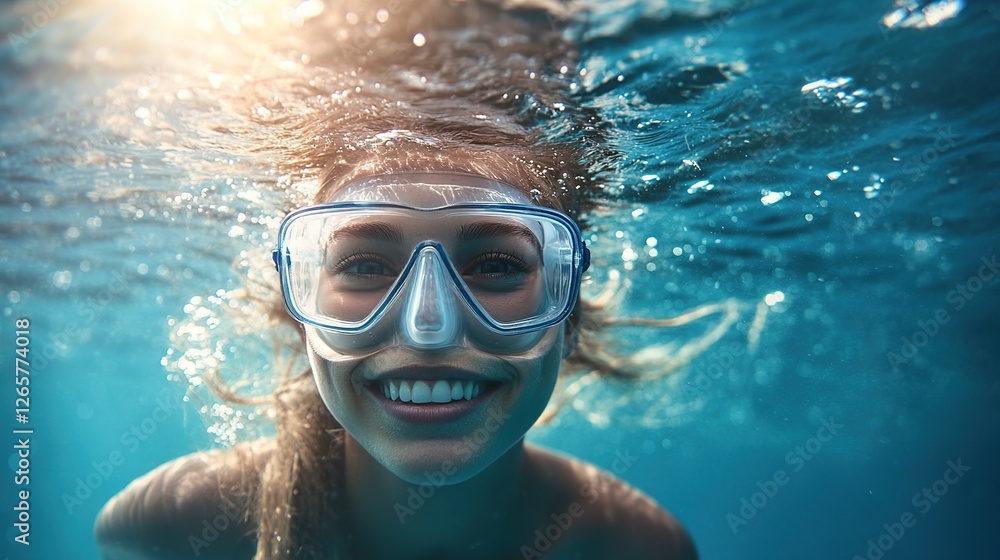 Naklejka premium Young woman enjoying summer vacation while diving in the clear summer sea