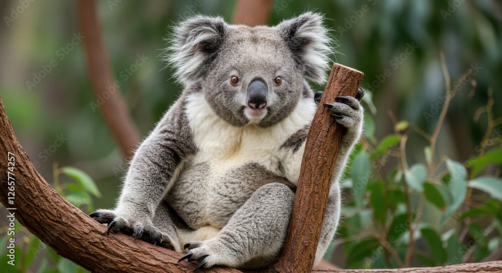 Obraz premium Portrait of a cute Koala Bear clinging to a tree branch in its natural habitat