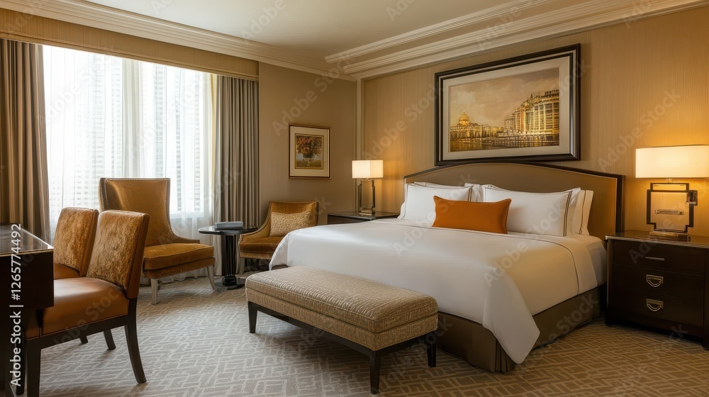 Fototapeta premium Elegantly appointed hotel room featuring plush furnishings and neutral tones