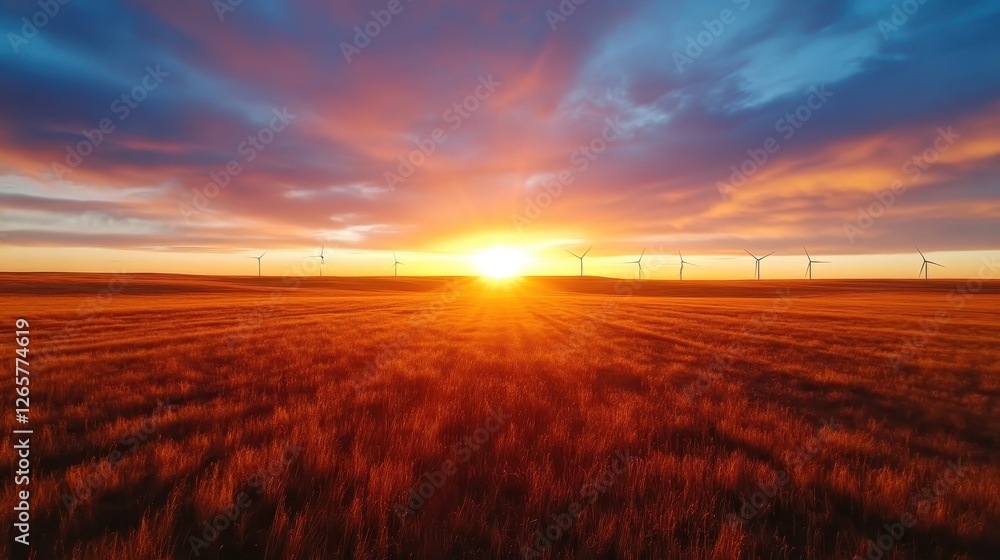 A breathtaking sunset view displaying the sun's vibrant orange and yellow rays over a vast golden field complete with silhouetted wind turbines in the background. A breathtaking sunset view displaying the sun's vibrant orange and yellow rays over a vast golden field complete with silhouetted wind turbines in the background.