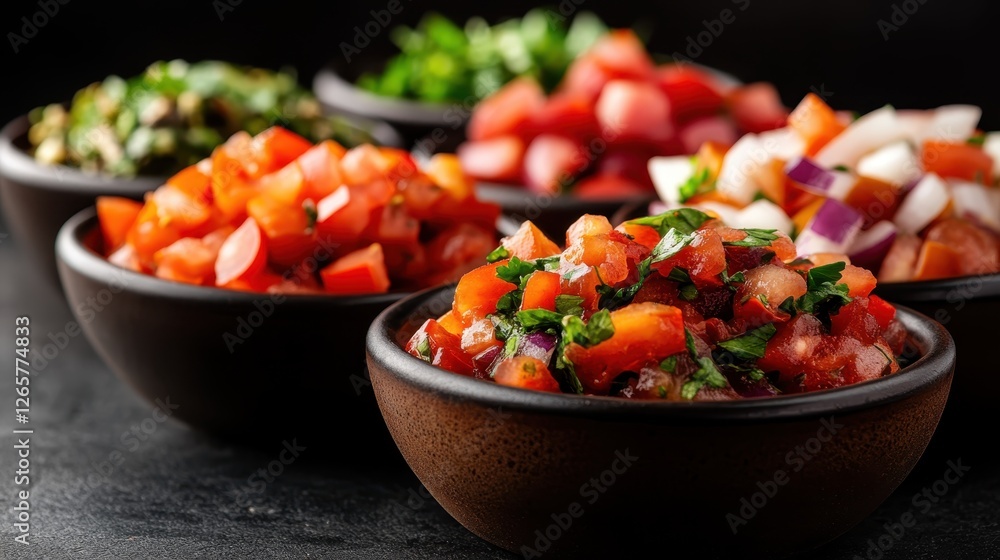 An array of fresh salsa ingredients, including diced tomatoes and herbs, are beautifully displayed in bowls, emphasizing the vibrant colors and healthy eating concepts. An array of fresh salsa ingredients, including diced tomatoes and herbs, are beautifully displayed in bowls, emphasizing the vibrant colors and healthy eating concepts.