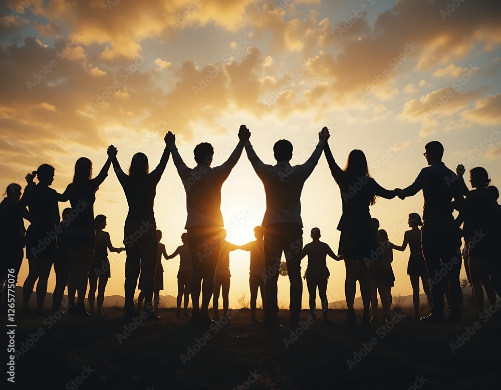 Fototapeta premium Sunset Silhouette of People Holding Hands Together