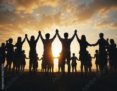 Sunset Silhouette of People Holding Hands Together