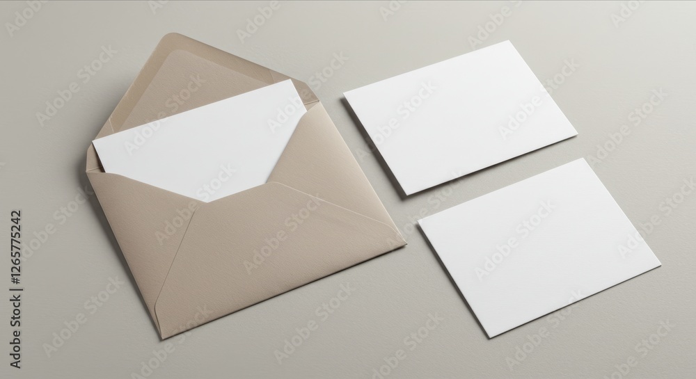 Taupe envelope with white insert, two blank white cards. Taupe envelope with white insert, two blank white cards.