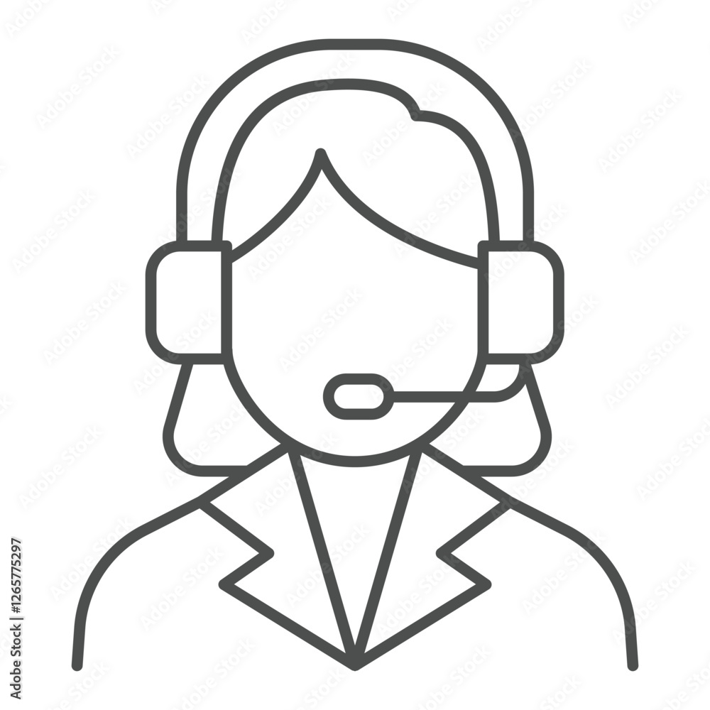 Store support operator thin line icon, shopping assistance concept. Vector graphics. Woman with headset sign on white background, outline style icon for mobile or web design. Store support operator thin line icon, shopping assistance concept. Vector graphics. Woman with headset sign on white background, outline style icon for mobile or web design.