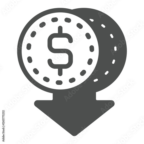 Coins dollar falling down solid icon, financial item concept. Vector graphics. Cent money sign on white background, glyph style icon for mobile or web design.