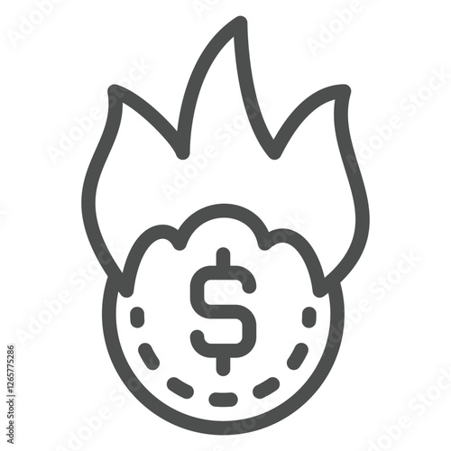 Burning dollar coin line icon, dollar coin on fire concept. Vector graphics. Cent money sign on white background, outline style icon for mobile or web design.