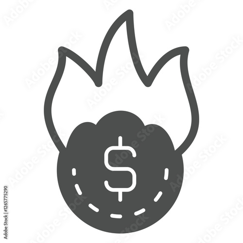 Burning dollar coin solid icon, dollar coin on fire concept. Vector graphics. Cent money sign on white background, glyph style icon for mobile or web design.