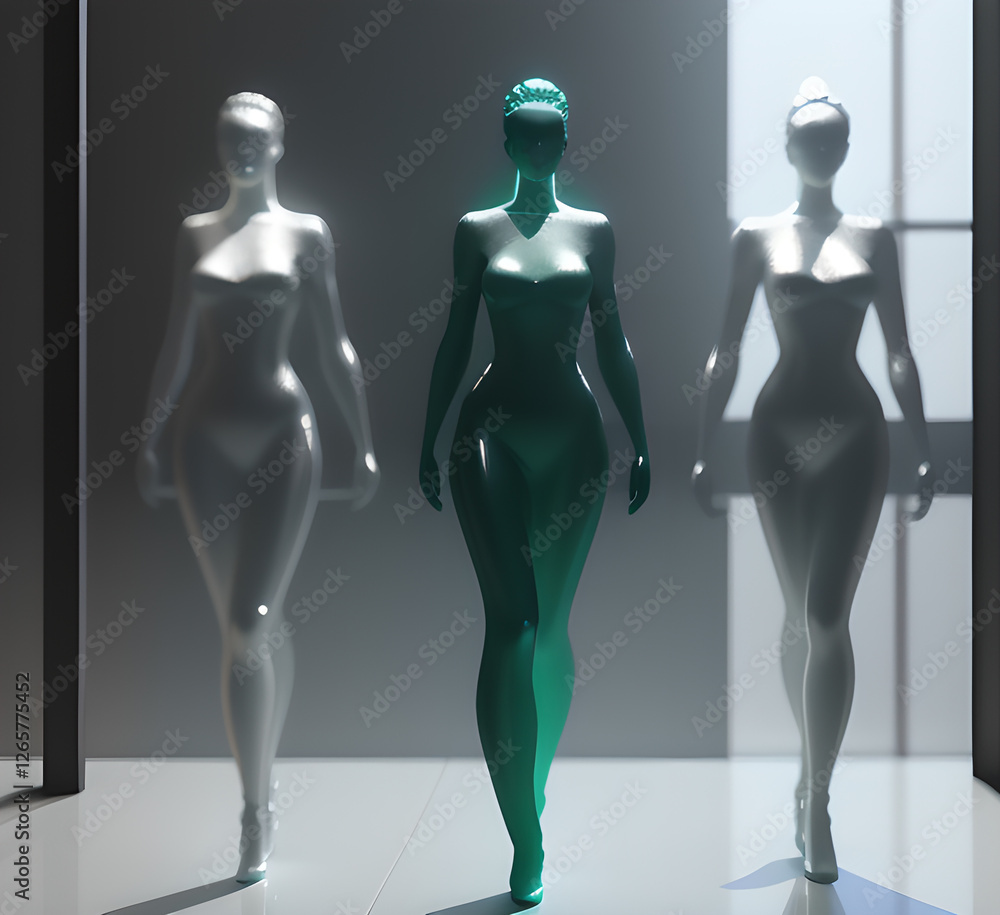 Abstract surrealistic - illustration of glass statue several people standing in pose. Concept project. mindfulness and meditation. Futuristic. cyberpunk. innovation different types of poses. generativ Abstract surrealistic - illustration of glass statue several people standing in pose. Concept project. mindfulness and meditation. Futuristic. cyberpunk. innovation different types of poses. generativ