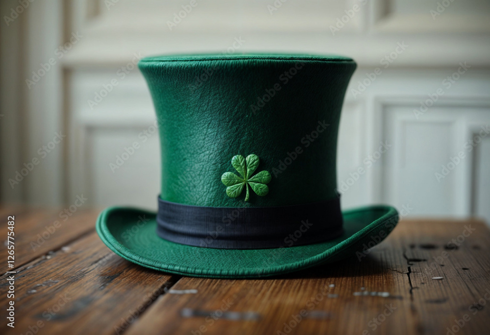 Green top hat with clover leaf in Irish style Green top hat with clover leaf in Irish style