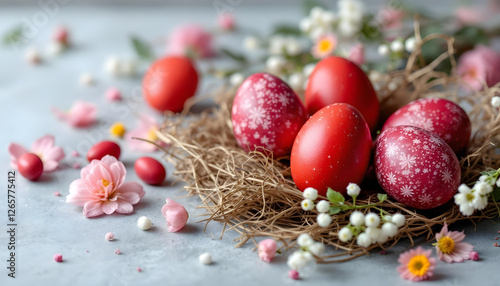 Easter egg elegance: hand-painted, single-colored botanical red eggs in a nest on the table