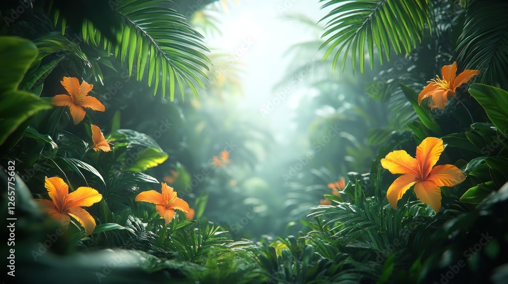 Misty Jungle Path, Orange Flowers, Lush Foliage, Background Light, Travel Brochure Misty Jungle Path, Orange Flowers, Lush Foliage, Background Light, Travel Brochure