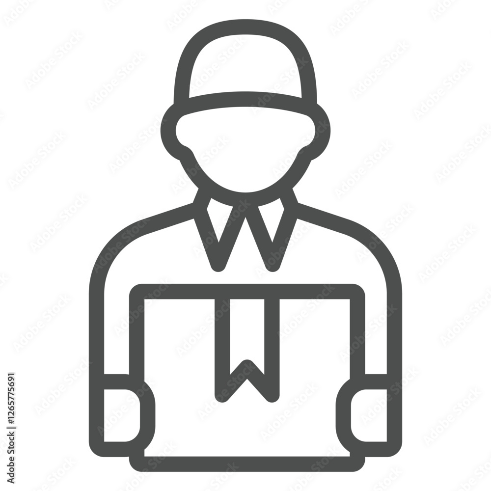 Courier man with package line icon, delivery service concept. Vector graphics. Buyer seller human sign on white background, outline style icon for mobile or web design. Courier man with package line icon, delivery service concept. Vector graphics. Buyer seller human sign on white background, outline style icon for mobile or web design.