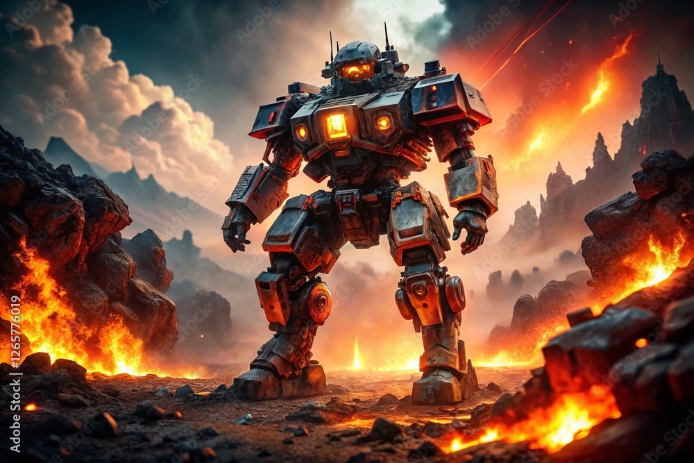 Fiery Battle: Giant Mech Treads Through Inferno - Low Light Stock Photo Fiery Battle: Giant Mech Treads Through Inferno - Low Light Stock Photo