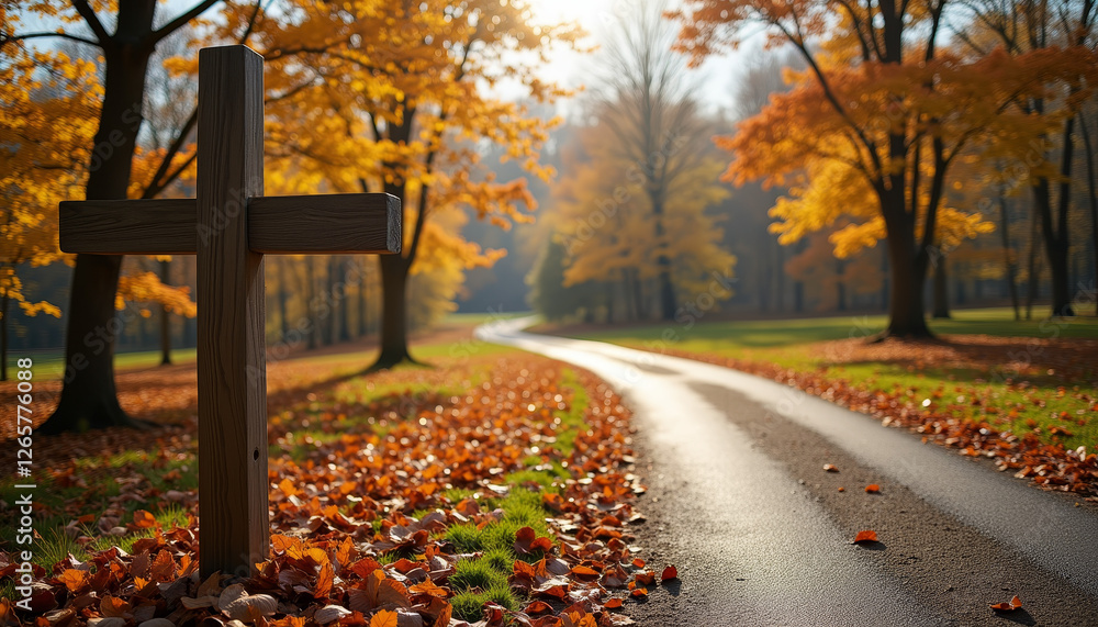 Tranquil wooden cross beside winding path in autumn, reflection Tranquil wooden cross beside winding path in autumn, reflection