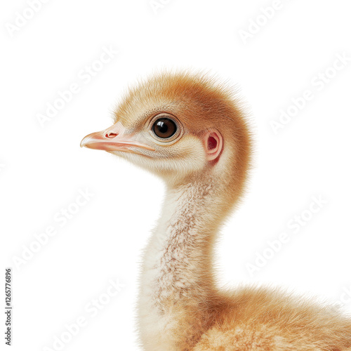 Emu chick profile in soft gentle lighting on white