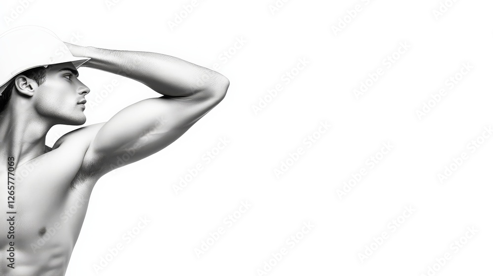 Fototapeta premium Athletic Male Model in Hard Hat Posing with Strong Arm Flex