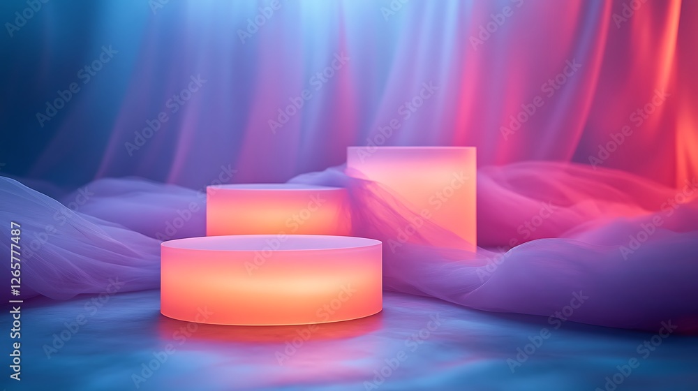 Round podiums illuminated in a gradient of lavender and silver light, set against a backdrop of flowing, translucent fabric. Round podiums illuminated in a gradient of lavender and silver light, set against a backdrop of flowing, translucent fabric.