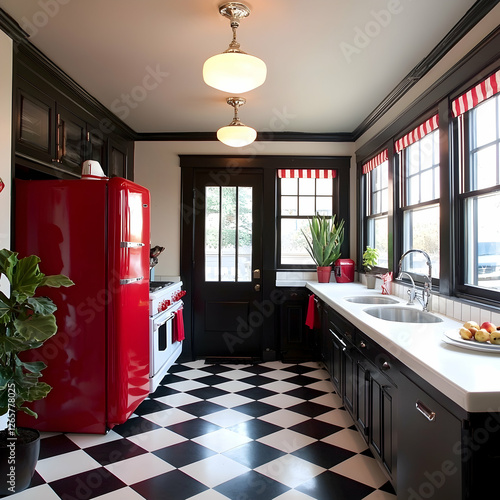 Retro red kitchen interior design, checkered floor, vintage appliances, sunlight through windows, home decor inspiration photo