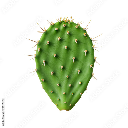 This high-quality, studio shot showcases a single, bright green prickly pear cactus pad against a pure white background