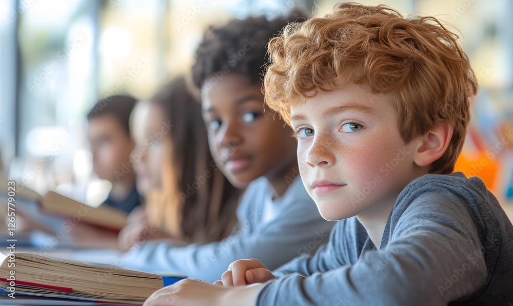 Diverse group of students attentively reading books in a bright classroom setting Diverse group of students attentively reading books in a bright classroom setting