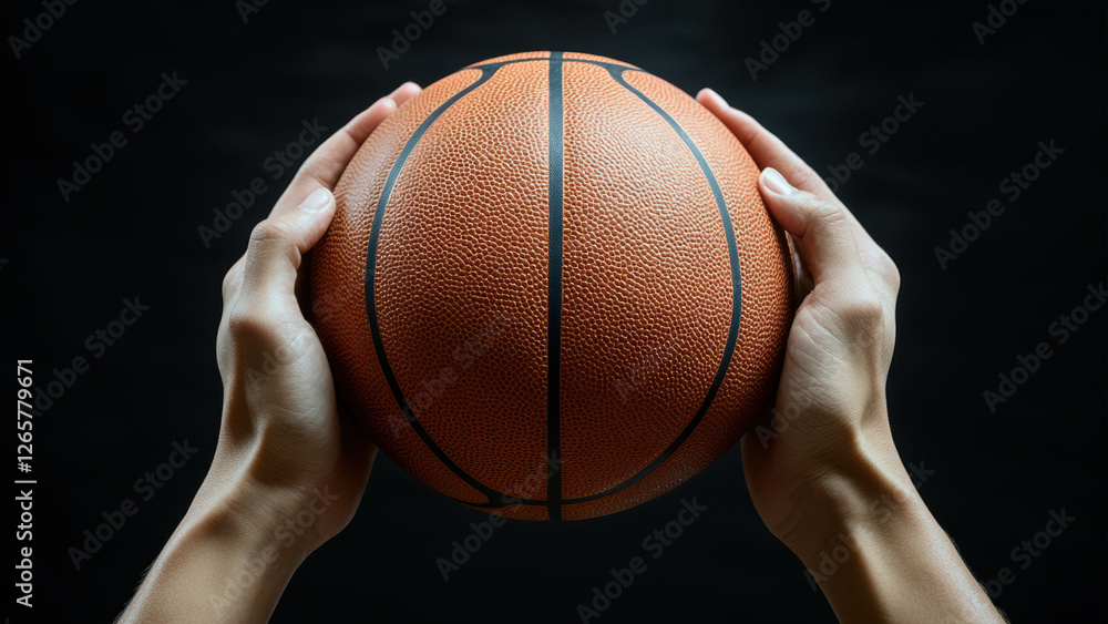 Hands gripping basketball on dark background Hands gripping basketball on dark background