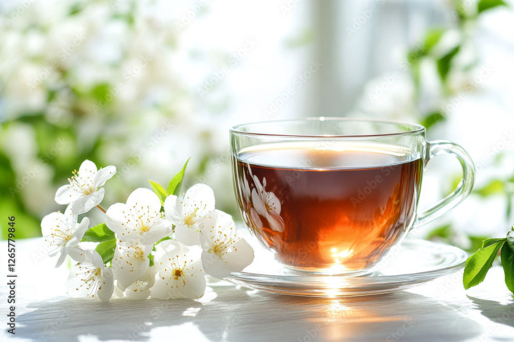 Glass Cup of Black Tea with White Blossoms on Table. Tranquility and Natural Beauty in Minimalist Design Glass Cup of Black Tea with White Blossoms on Table. Tranquility and Natural Beauty in Minimalist Design