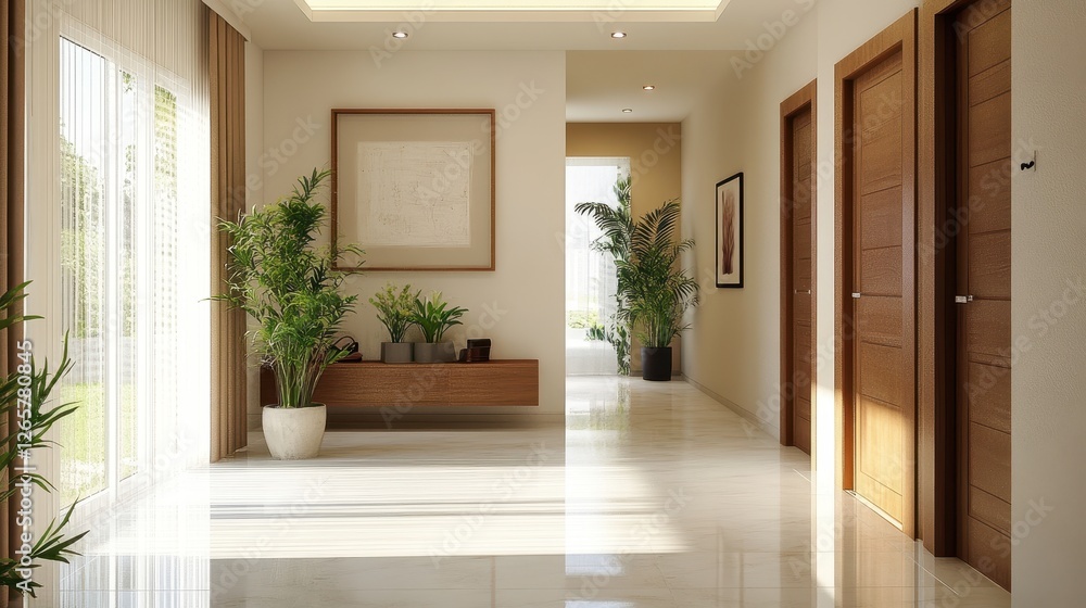 Obraz premium Bright hallway features marble floors plants and wooden accents