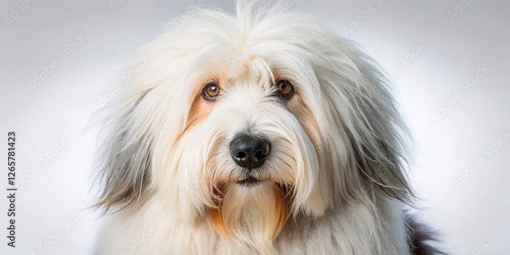 Fluffy Old English Sheepdog Studio Portrait - White Background Pet Photography Fluffy Old English Sheepdog Studio Portrait - White Background Pet Photography