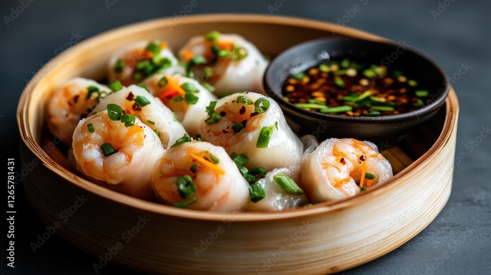 This image showcases a beautifully presented bamboo steamer filled with shrimp dim sum, complemented by a dipping sauce for an authentic culinary experience. This image showcases a beautifully presented bamboo steamer filled with shrimp dim sum, complemented by a dipping sauce for an authentic culinary experience.