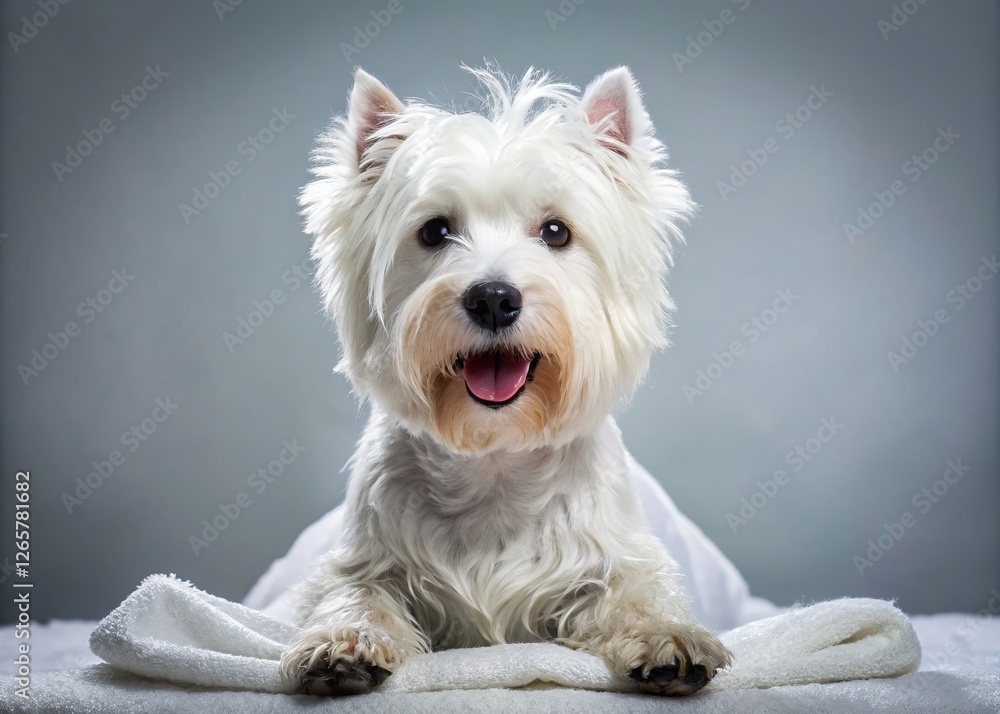 Fluffy West Highland White Terrier Post-Bath Pampering: Adorable Dog on White Towel Fluffy West Highland White Terrier Post-Bath Pampering: Adorable Dog on White Towel