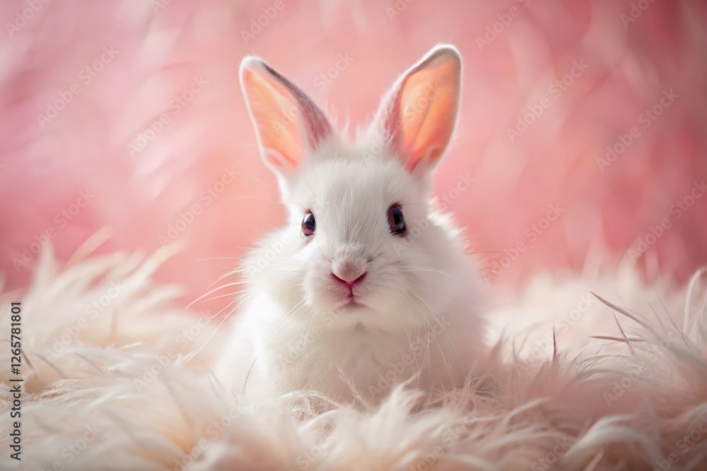 Obraz premium Fluffy White Rabbit on Pink Background - Adorable Pet Photography