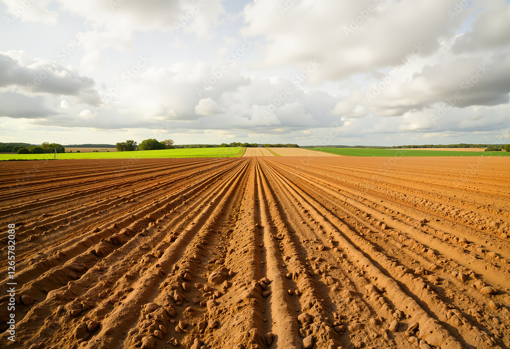 Plowed farm field under cloudy sky, rural labor day inspiration Plowed farm field under cloudy sky, rural labor day inspiration