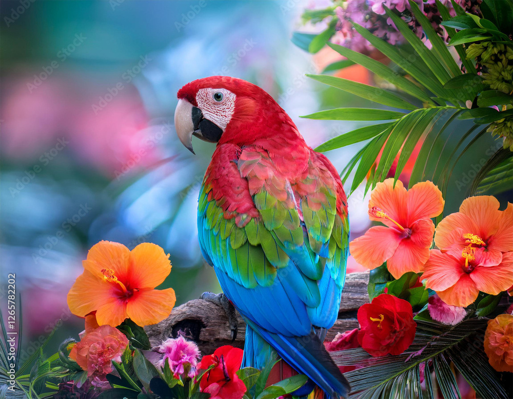 Obraz premium colorful parrot perched on branch with vibrant flowers and leaves