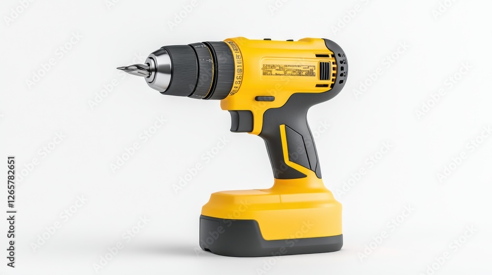 Bright Yellow Cordless Drill with Multiple Settings on White Background for Home Improvement and DIY Projects Bright Yellow Cordless Drill with Multiple Settings on White Background for Home Improvement and DIY Projects