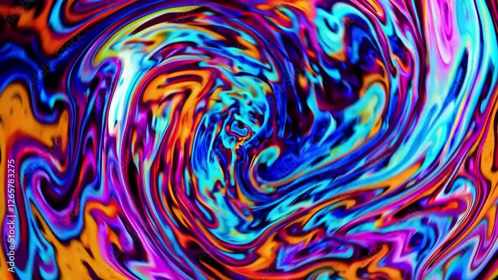 Bright psychedelic swirling liquid colors with vivid patterns, artistic abstract animation with flowing vibrant waves and colorful energetic design for dynamic backgrounds