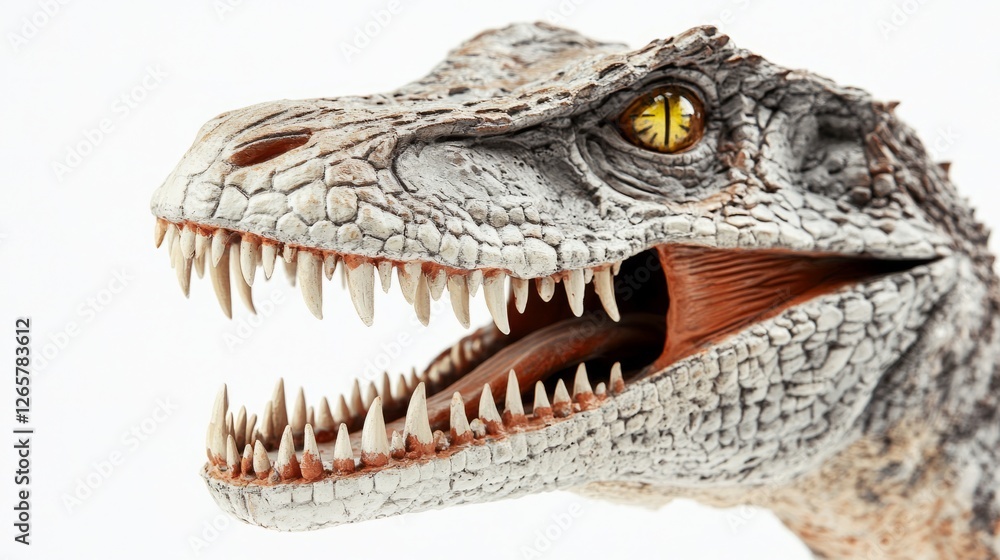Obraz premium Close-up of a T-Rex figurine with sharp teeth, showcasing its fierce and prehistoric essence.
